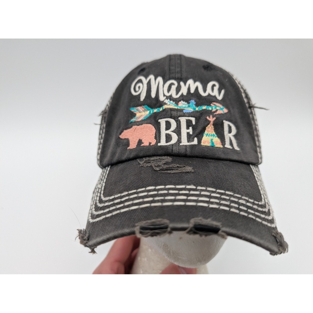 Kbethos Vintage Mama Bear Distressed Baseball Cap Gray Cotton Strapback Hat
